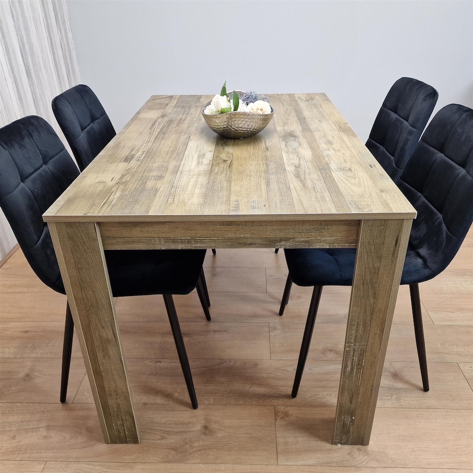 image 1 of Dining Table and 4 Chairs Rustic Effect Wood Table with 4 Black Velvet Dining Chairs