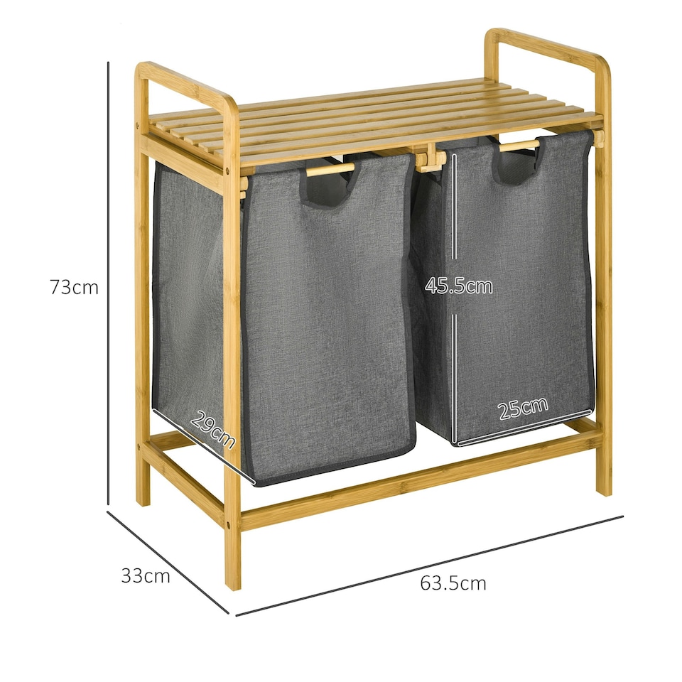 image 1 of HOMCOM Bamboo Laundry Basket with Shelf Pull-out Bags for Bedroom Laundry Room