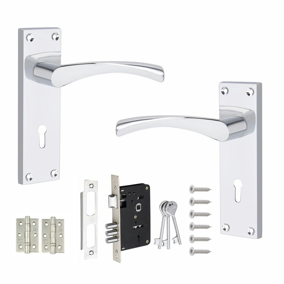 image 1 of Golden Grace Victorian Scroll Astrid Door Handles Lever Lock in Polished Chrome with 3 Lever Lock Set & 1 Pair of 3" Ball Bearing Hinges Chrome