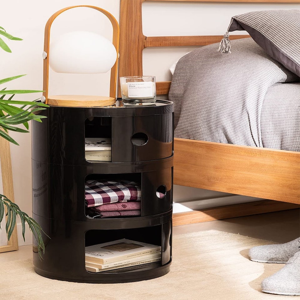 image 1 of Living and Home Cylindrical 3-Tiered Plastic Storage Drawer Unit, Black