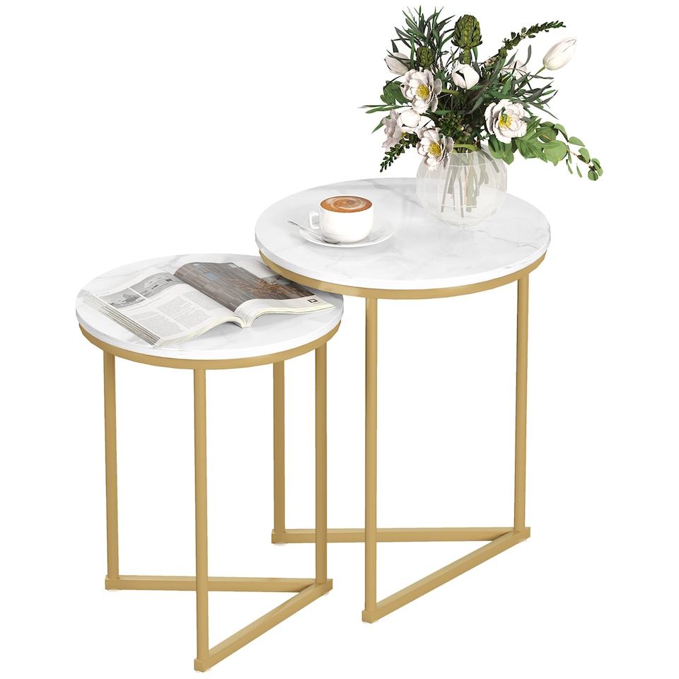 image 1 of HOMCOM Nesting Coffee Table Set of 2, Modern Nest of Tables, Round Sofa Side Tables with Metal Frame for Living Room, Bedroom, Small Space, Gold Tone | Gold