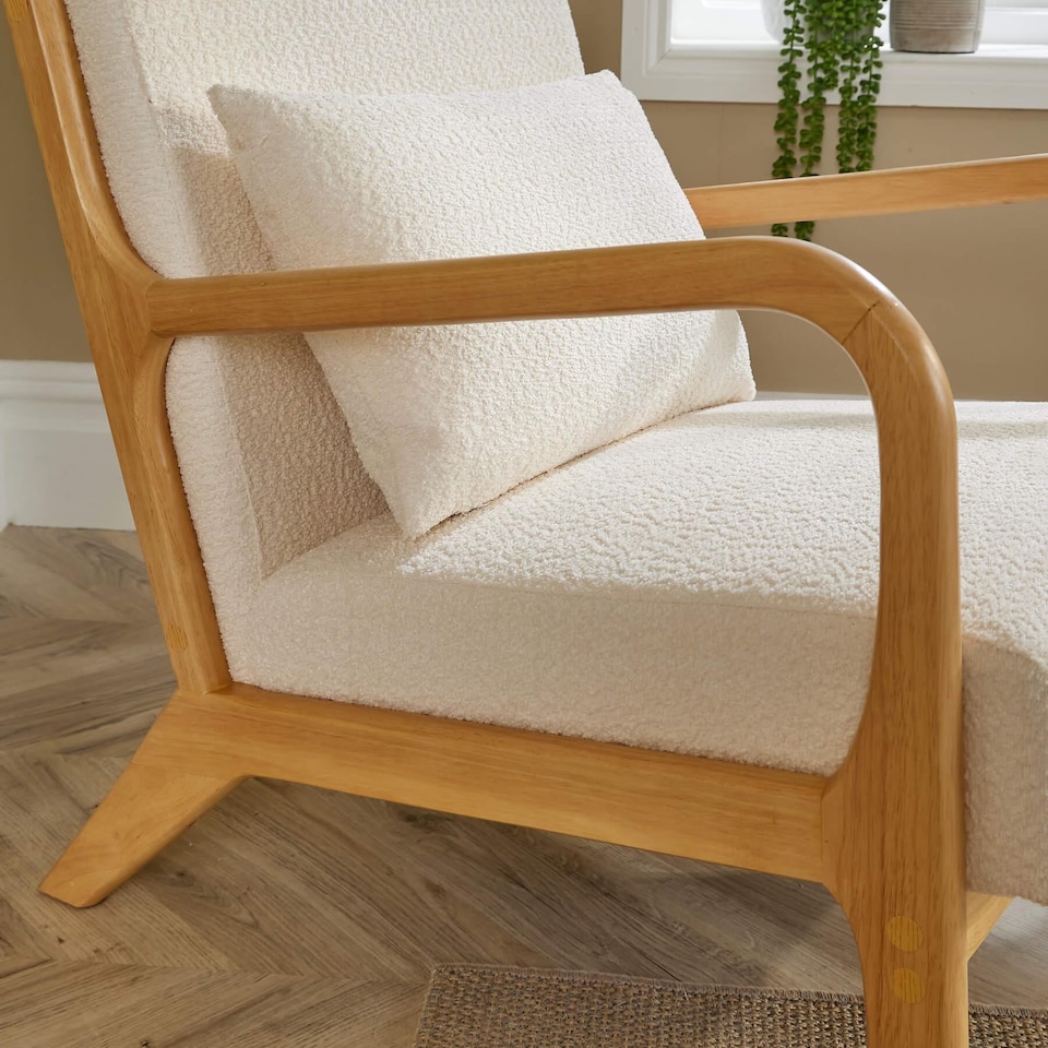 image 1 of Boucle Wooden Armchair Teddy Fur Cream Modern Home Chair Furniture Seating