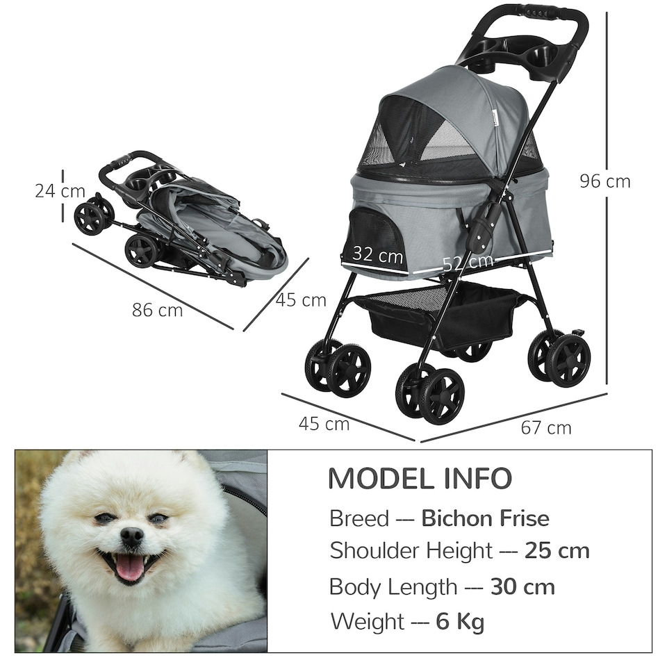 image 1 of PawHut Pet Stroller Foldable Travel Carriage w/ Brake Basket Canopy, Grey