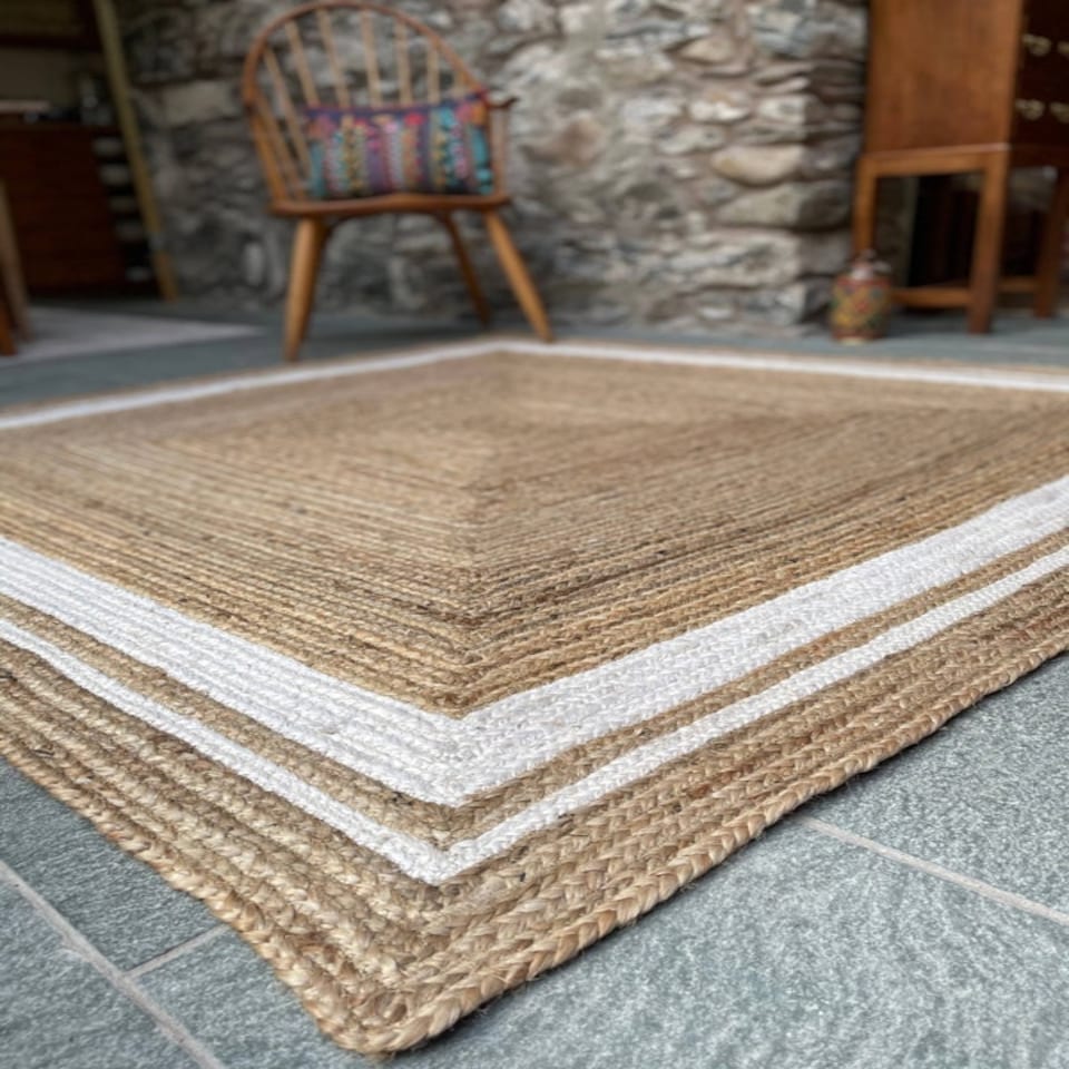 image 1 of KHIDAKEE Square Border Beige Rug Woven with - Jute - L120 x W120 - Natural Brown