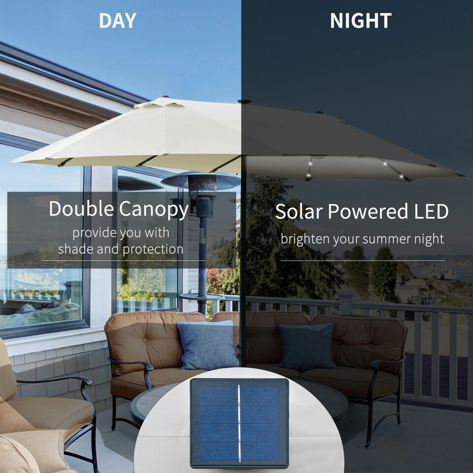 image 1 of Outsunny 4.4m Double-Sided Sun Umbrella Patio Parasol Solar Lights