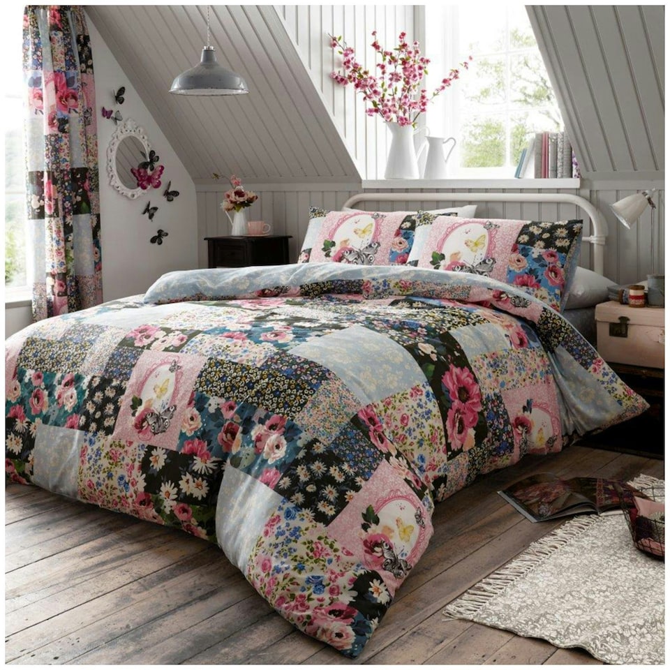 image 1 of Ellis Floral Printed Duvet Cover Set Reversible Polycotton Beddings Multi | King