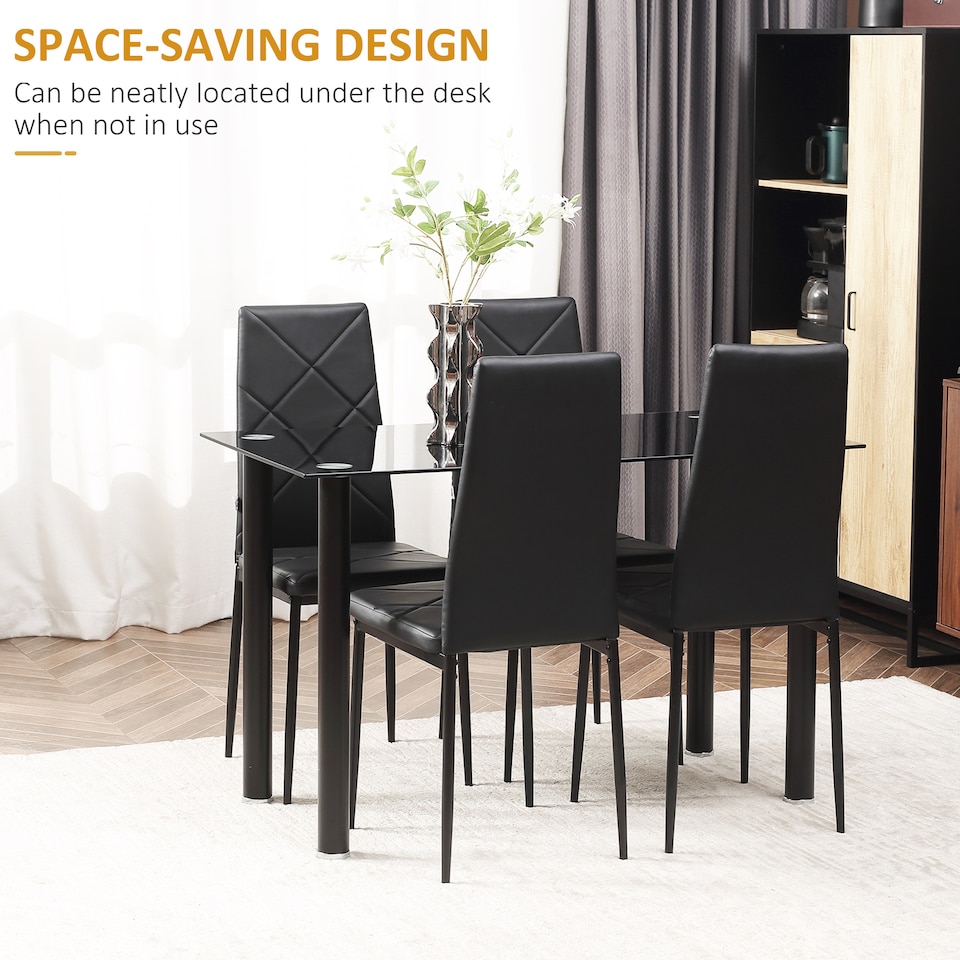 image 1 of HOMCOM Dining Table and Chairs Set 4, Space-Saving Kitchen Table and Chairs Set 4 with Faux Leather Padded Seat and Tempered Glass Top, Dining Room Sets, Black