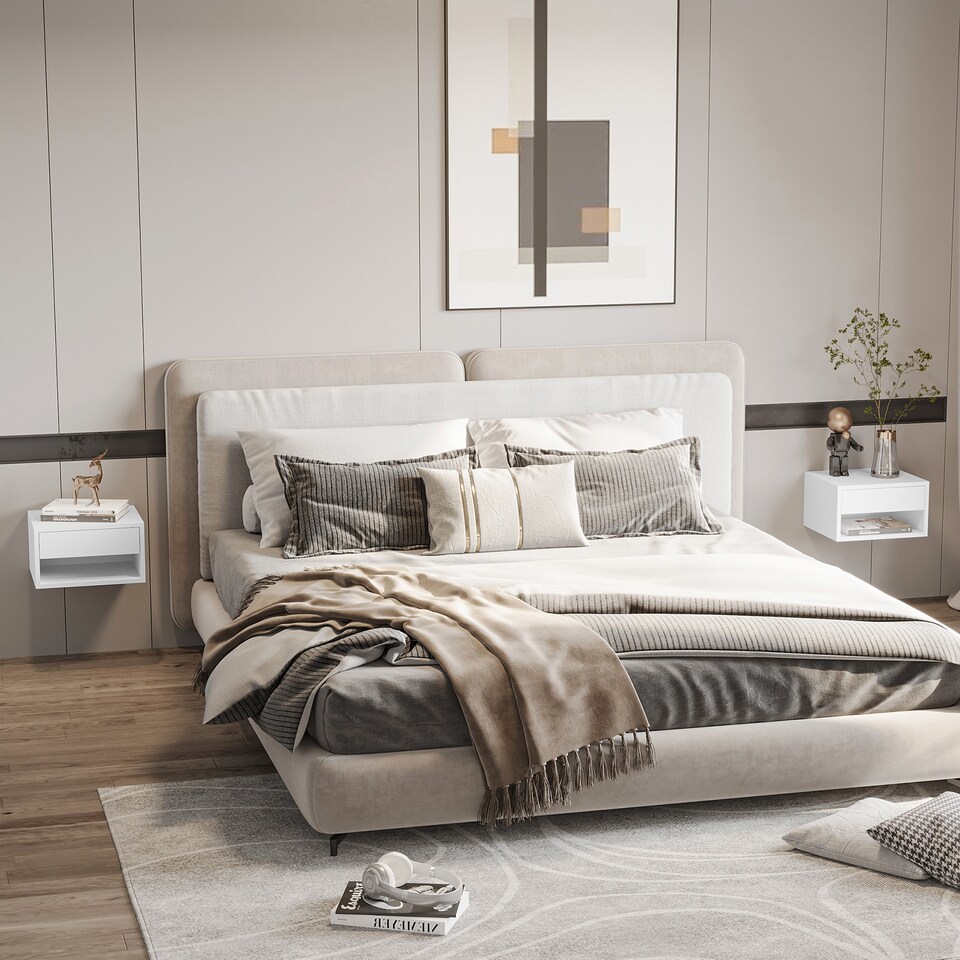 image 1 of HOMCOM Floating Bedside Table Set of 2 Wall Mounted Nightstand with Storage Drawer and Open Shelf for Bedroom, High Gloss White | White