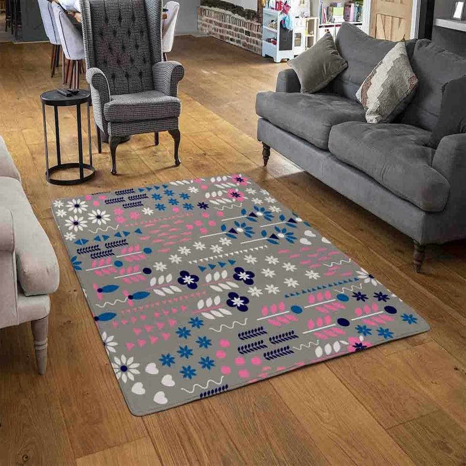 image 1 of Selection of Flowers in Pink, Blue & White (Rug) Multi | XL: 160x230cm