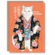 image 1 of White Cat Lover Pet in Floral Japanese Kimono Birthday Card