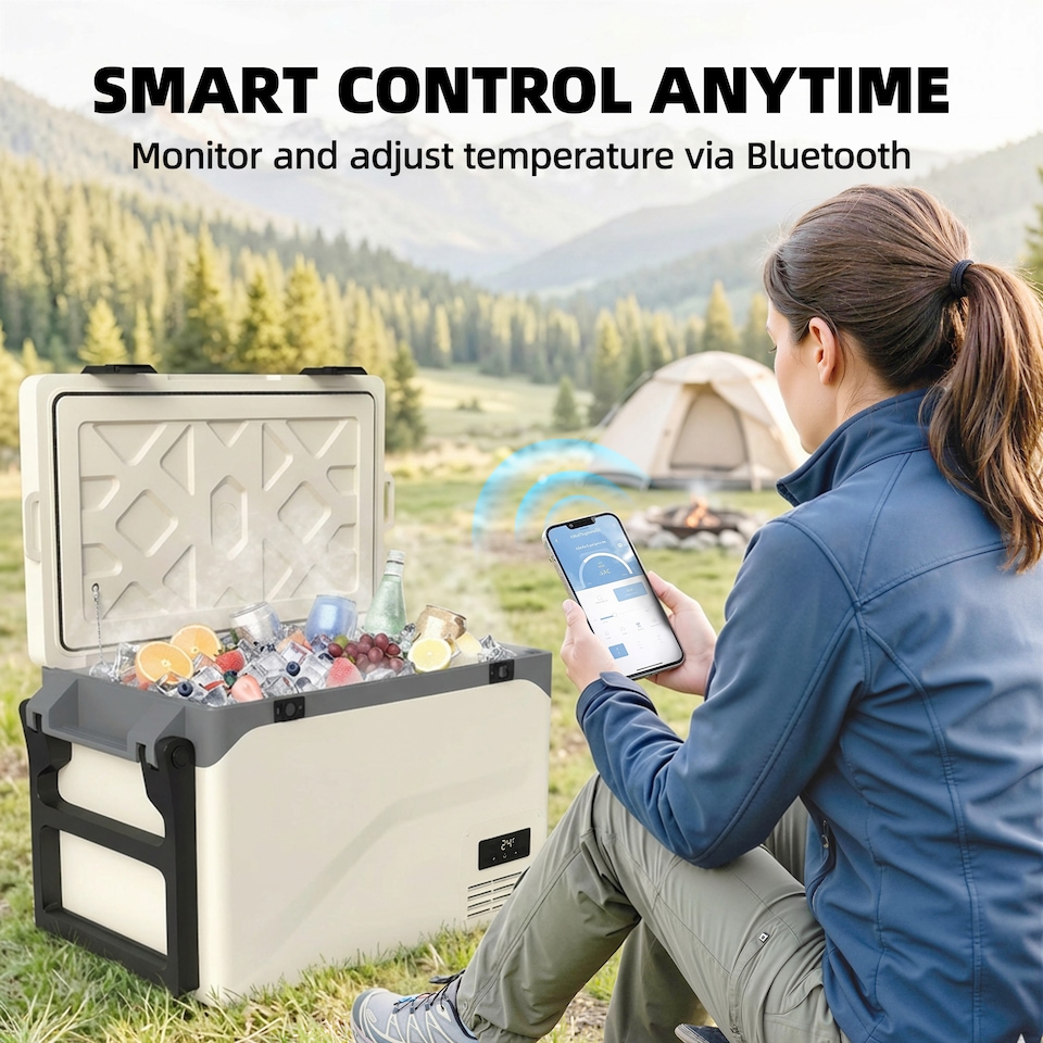 image 1 of Outsunny 42.5L Compressor Car Fridge Freezer, Camping Refrigerator | Brown | Green, Black | 72.6 x 42.2 x 50 cm