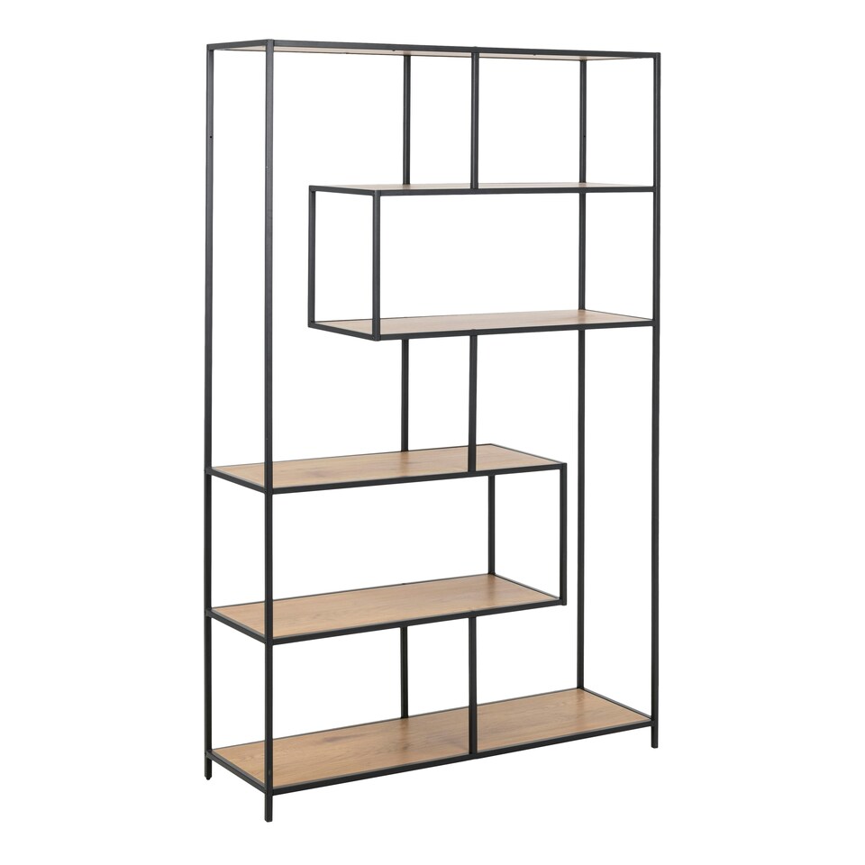 image 1 of Seaford Black Metal Large Asymmetrical Bookcase with 5 Oak Shelves