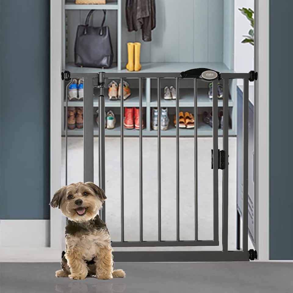 image 1 of Bettacare Auto Close Pet Gate, 68.5cm - 75cm, Slate Grey, Narrow, Narrow Pressure Fit Stair Gate for Dog & Puppy, Safety Barrier for Narrow Doors Hallways and Spaces, Easy Installation