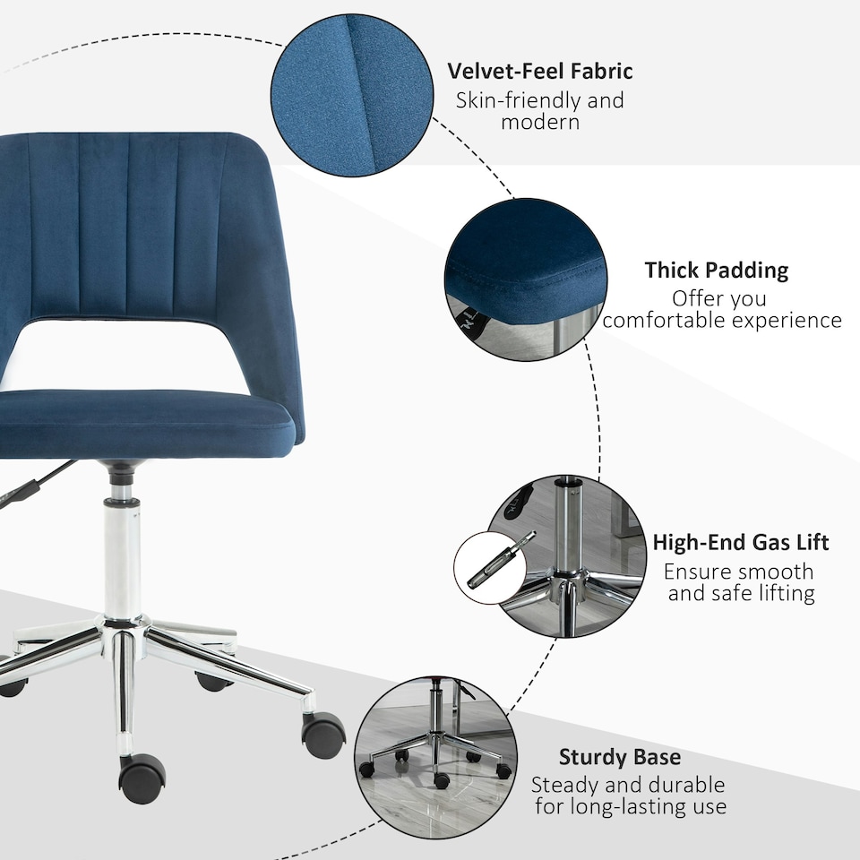 image 1 of Vinsetto Mid-Back Swivel Home Office Chair Scallop Computer Chair Dark Blue