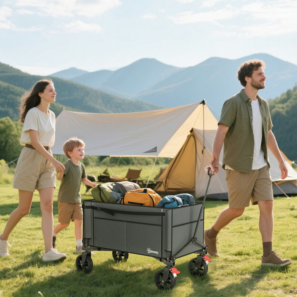 image 1 of Outsunny Folding Trolley on Wheels, Garden Cart with Openable Sides, Grey