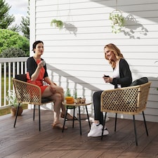 Outsunny 3 Piece Rattan Bistro Set, Patio Wicker Conversation Furniture Set with 2 Chairs, Tempered Glass Table, Cushions, Adjustable Foot Pads, for Garden, Balcony, Nature Wood Finish