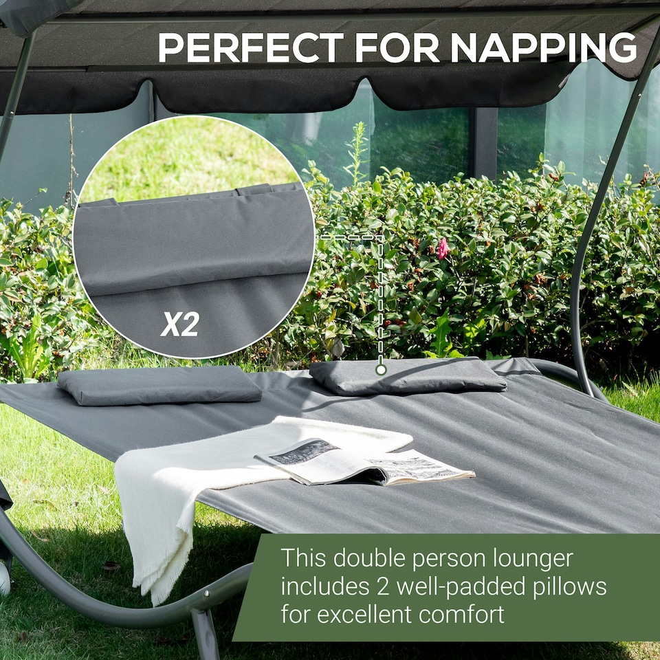 image 1 of Outsunny Garden Double Hammock Sun Lounger Day Bed Canopy W/ Stand & 2 Pillows