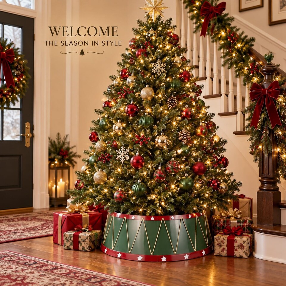 image 1 of 25.6 Inch Drum Style Christmas Tree Collar, Foldable Tree Base Cover with Mirror Finish