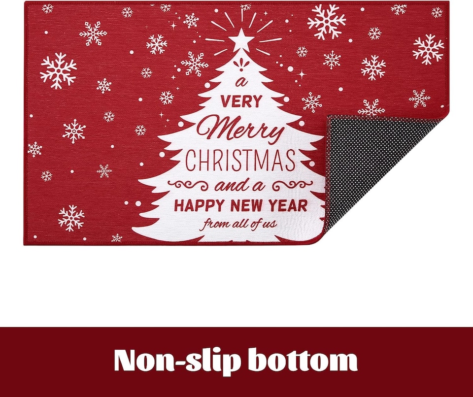 image 1 of London Boutique Christmas Doormat with Christmas Tree and Snowflake Design, Non-Slip Washable Entrance Mat, Red, 40 x 80 cm