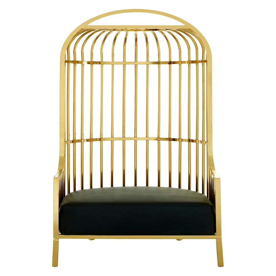 image 1 of Interiors by Premier Gold Finish Dome Cage Chair, Art Deco Style Stainless Steel Statement Chair, Black Faux Leather Padded Seat Gold