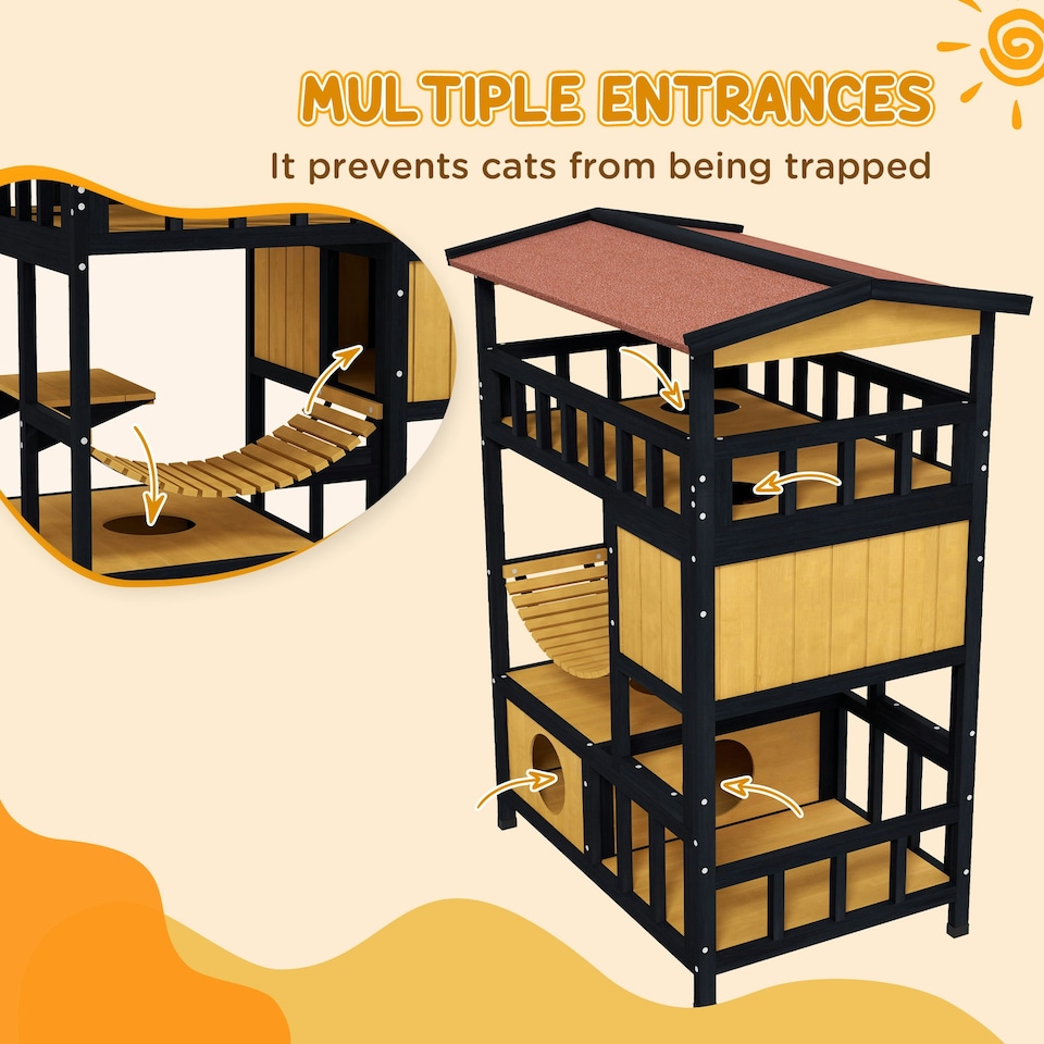 image 1 of PawHut Outdoor Cat House w/ Suspension Bridge, Houses, Balcony