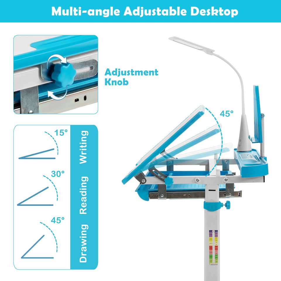 image 1 of COSTWAY Kids Desk and Chair Set Height Adjustable Kids Study Table and Chair Set-Blue