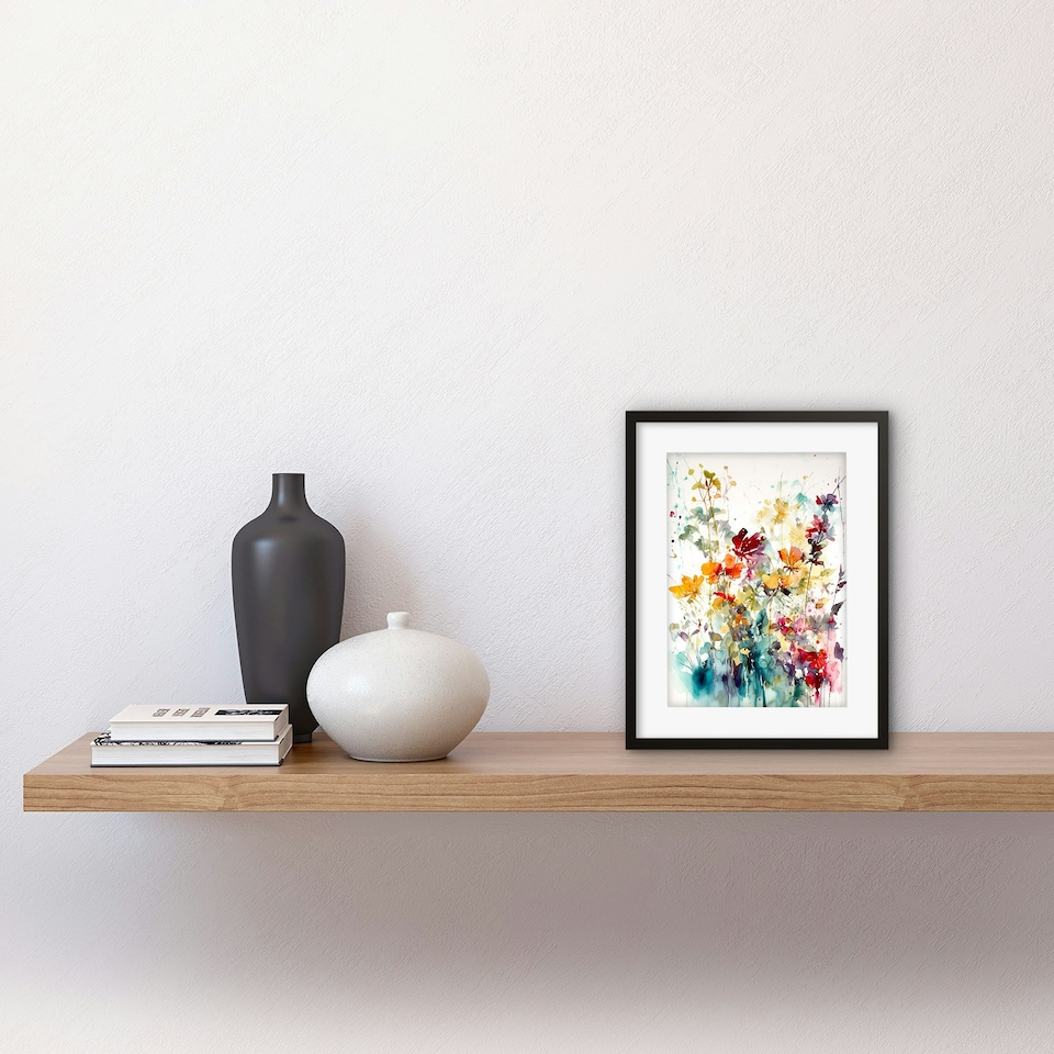 image 1 of Wild Flowers Abstract Watercolour Orange Purple 9x7" Black Framed Wall Art Print