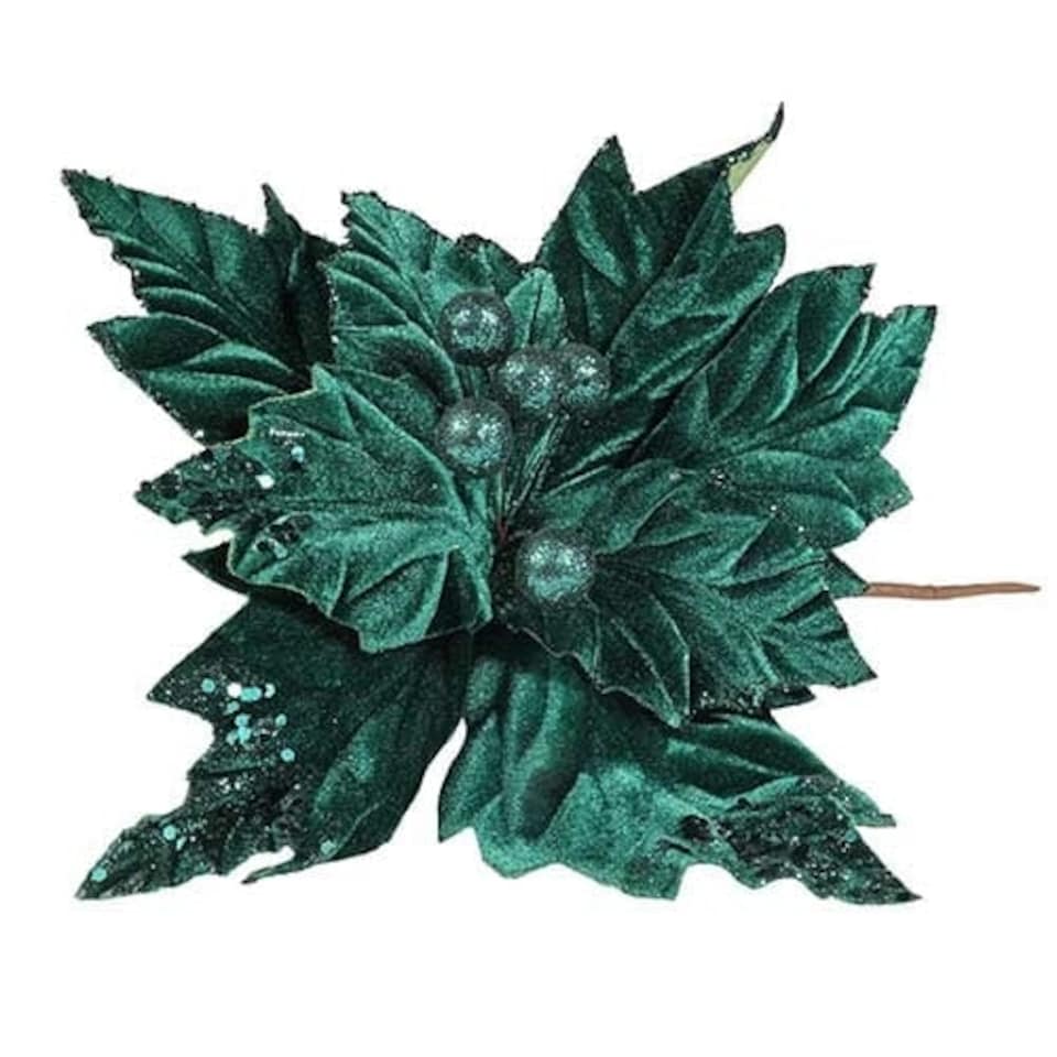 Emerald Green Velvet Christmas Poinsettia with Glitter Detail Artificial Flower Decoration 40cm
