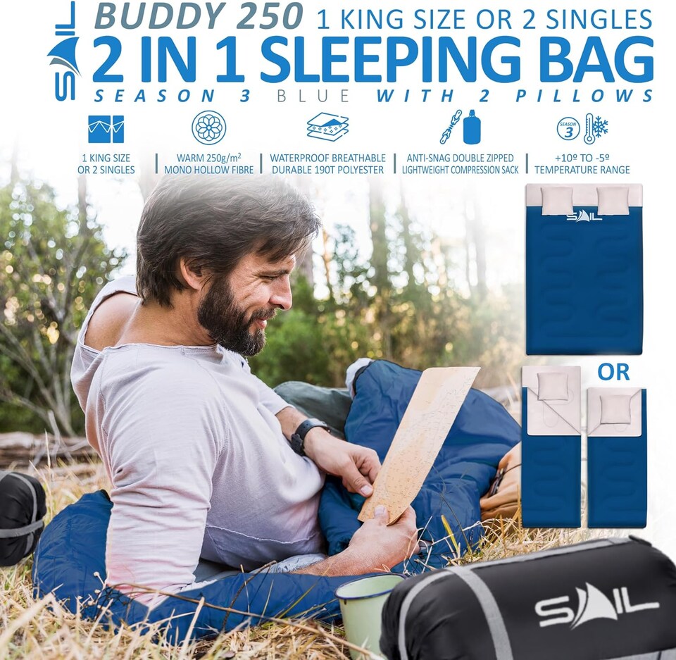 image 1 of SAIL Buddy Double Sleeping Bag with 2 Pillows - Extra Large 220x150cm, 250GSM, Water-Resistant