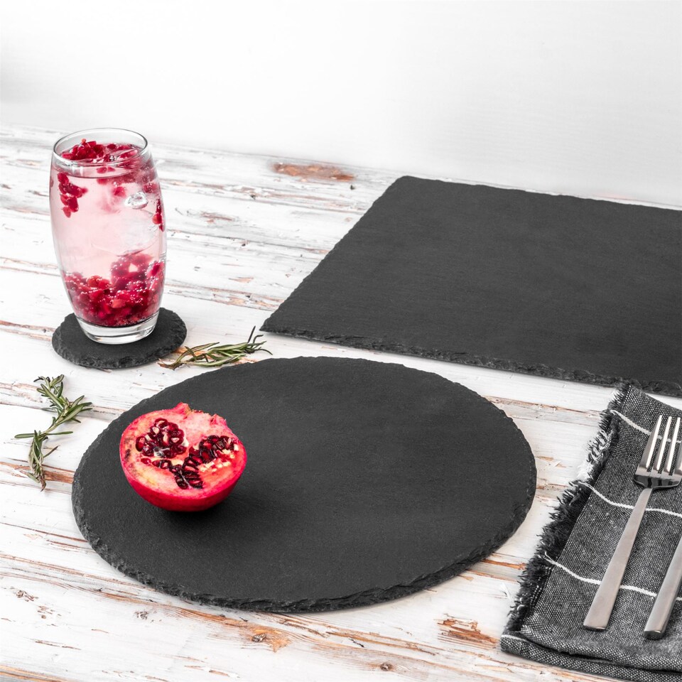 image 1 of Argon Tableware 13pc Slate Platter, Round Placemats & Coasters Set - Black Natural Stone Dinnerware Plate Placemats Drink Mats | Grey | Grey | One Size | 13