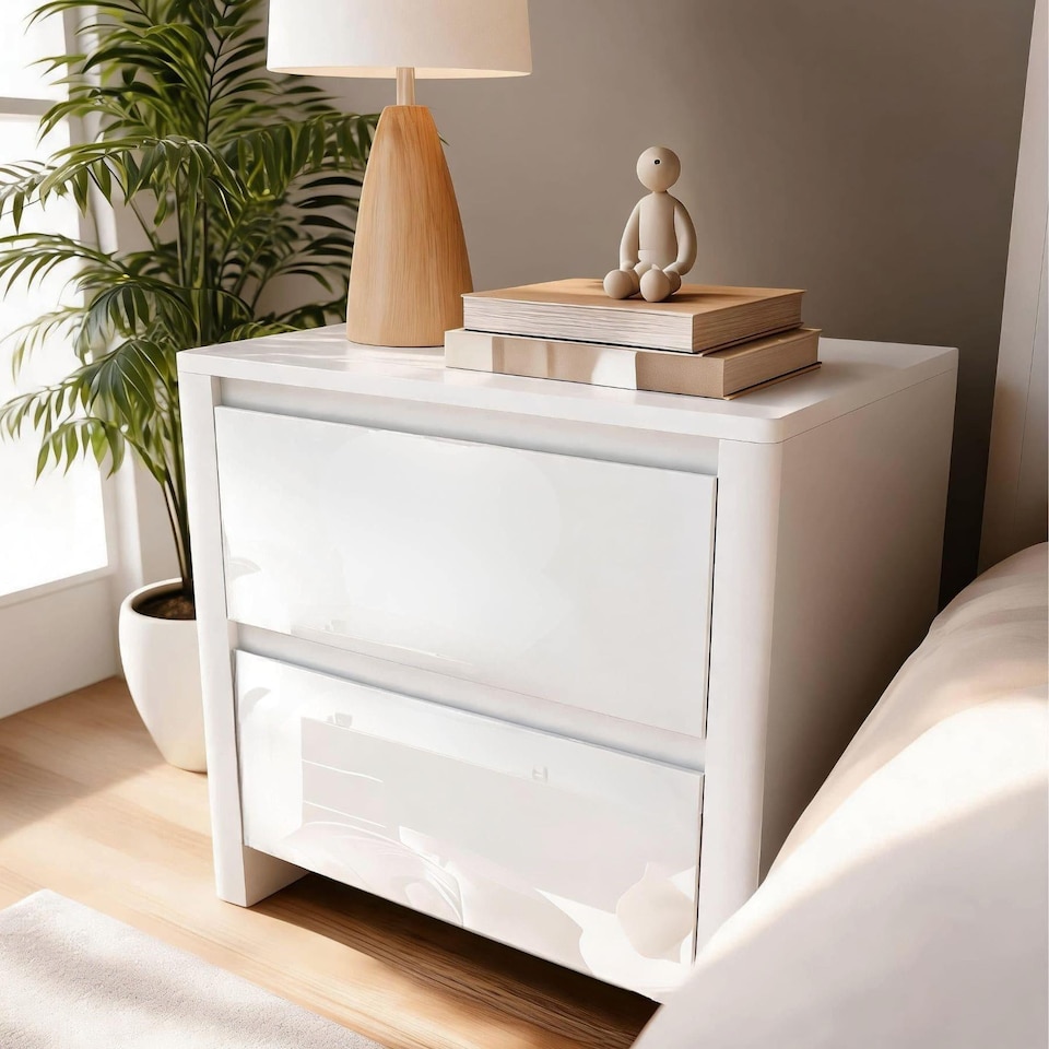 image 1 of Ardenza White High Gloss 2 Drawer Bedside Cabinet Bedroom Storage Unit