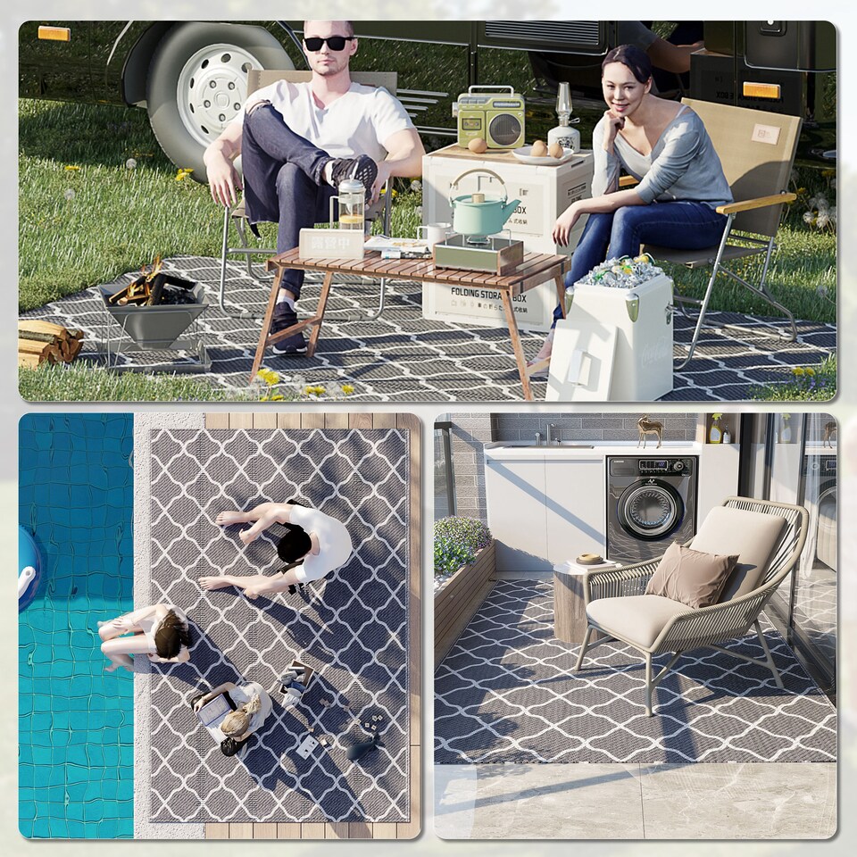 image 1 of Outsunny Reversible Waterproof Outdoor Rug W Carry Bag, 182 x 274 cm | Grey | Grey and White | 182 x 274 x 0.3cm