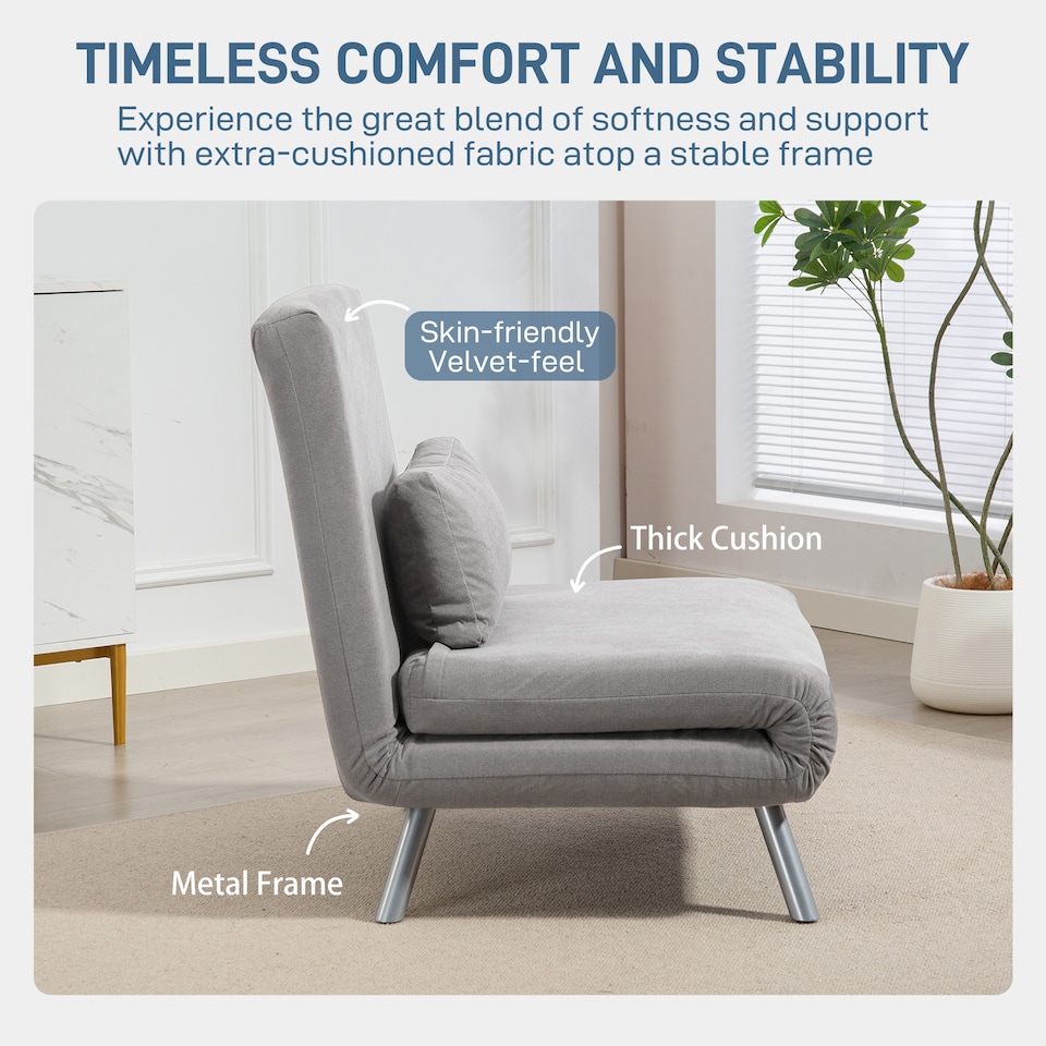 image 1 of HOMCOM Single Chair Bed, 3-in-1 Click Clack Convertible Bed Settee with Adjustable Backrest, Snow Flannel Upholstered Lounge Couch with Pillow for Living Room, Bedroom, Home Office, Small Space, Grey