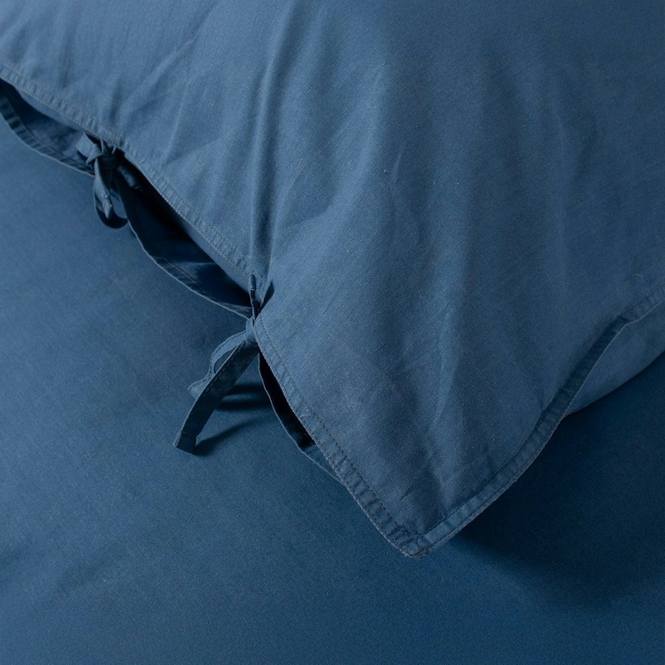 image 1 of 100% Washed Cotton Duvet Cover Set – Soft, Breathable & Textured with Tie Fastening | Blue | Blue | Single