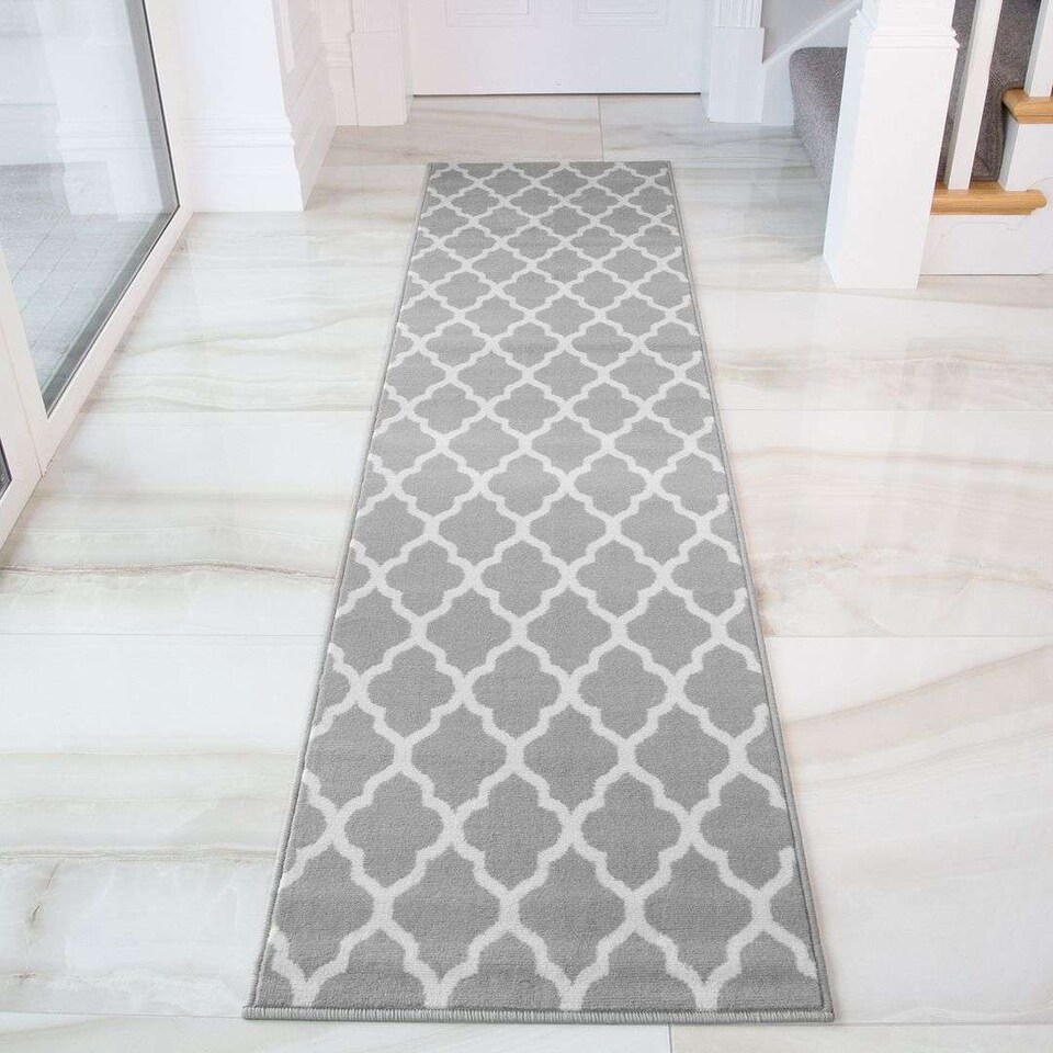 image 1 of KUKOON Grey White Classic Trellis Living Area Rug 60cm x 240cm