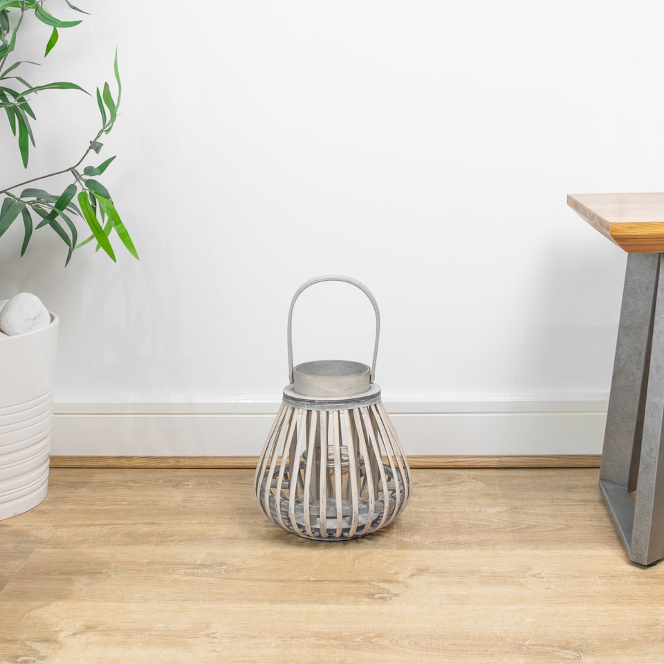 image 1 of JVL Luna Natural Bulb Shaped Willow Wood Lantern With Wooden Handle, Grey Wash