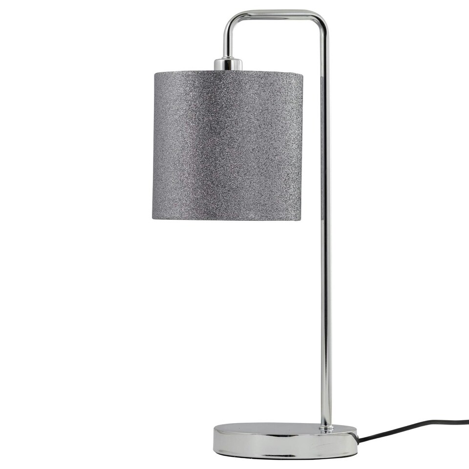 image 1 of First Choice Lighting Chrome Arched Table Lamp with Grey Glitter Shade Chrome | Grey