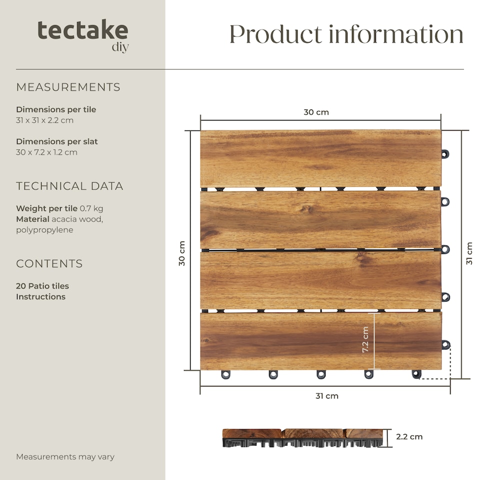 image 1 of Outdoor Tiles Tabula - easy click installation, acacia wood, weather-safe | Brown | brown | 31 x 31 x 2,20 cm | 20