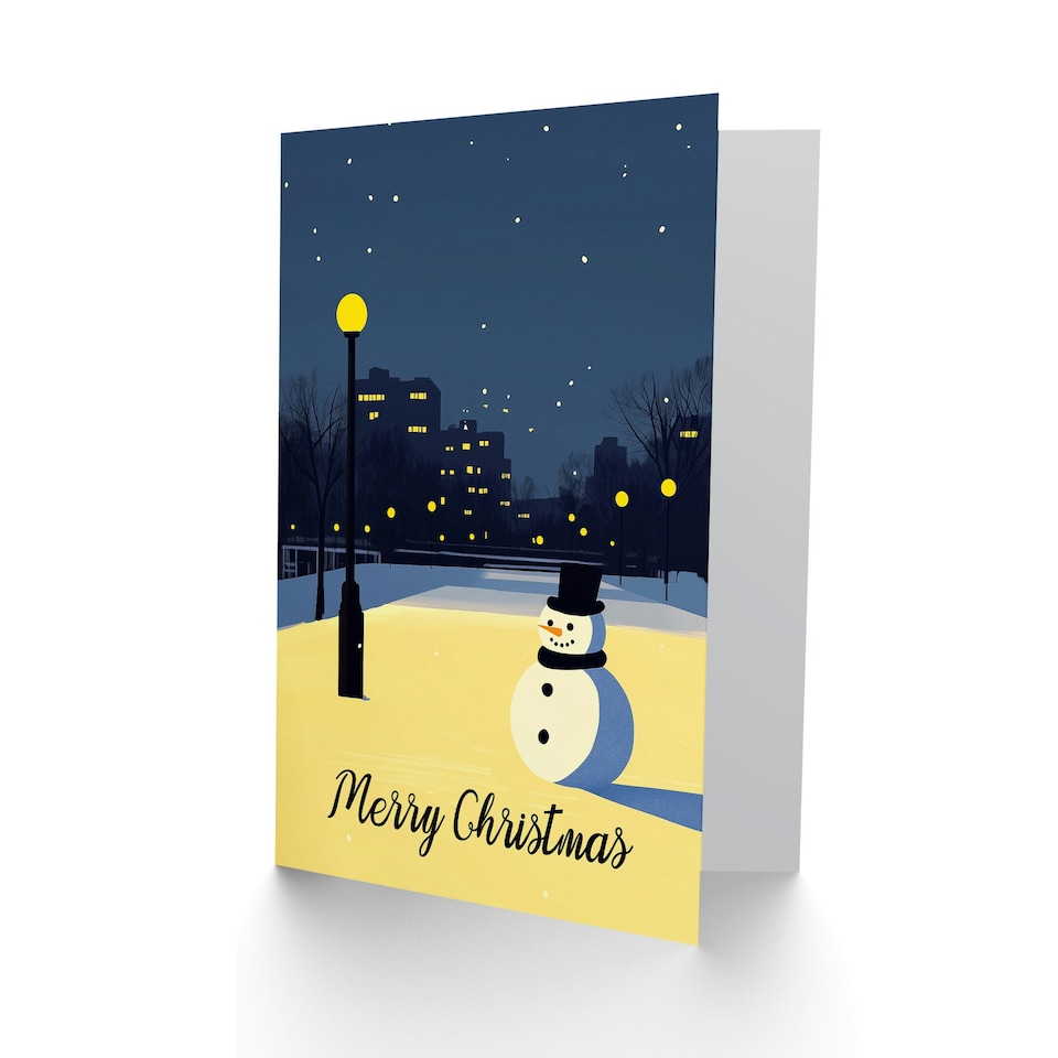 image 1 of Snowman Under City Lamp Post Night Cityscape Blank For Him Or Her Art Christmas Card