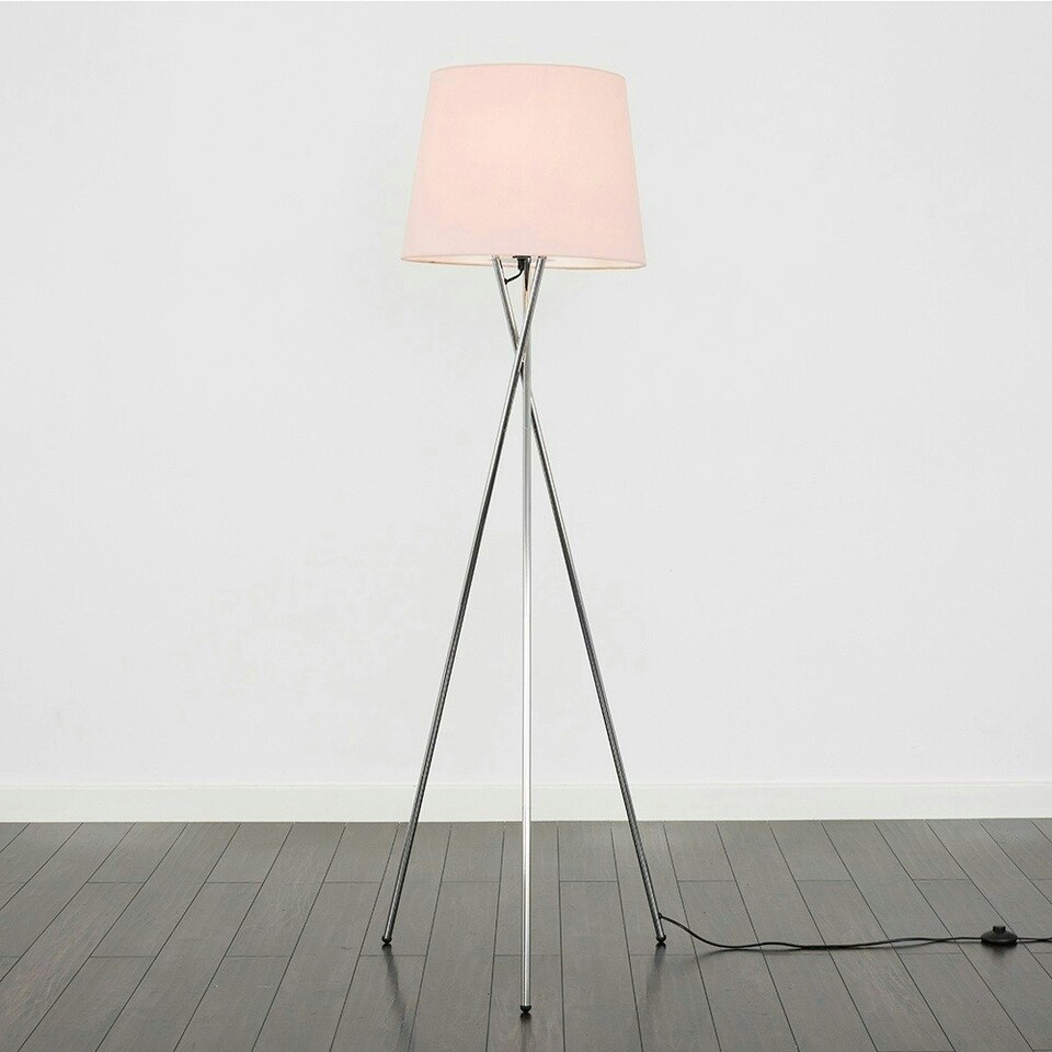 image 1 of ValueLights Camden Chrome Tripod Floor Lamp Pink Taper Shade & Bulb Pink