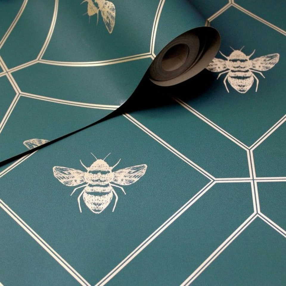 image 1 of World Of Wallpaper Bee Wallpaper - Teal/Gold - 10m x 53cm | Green