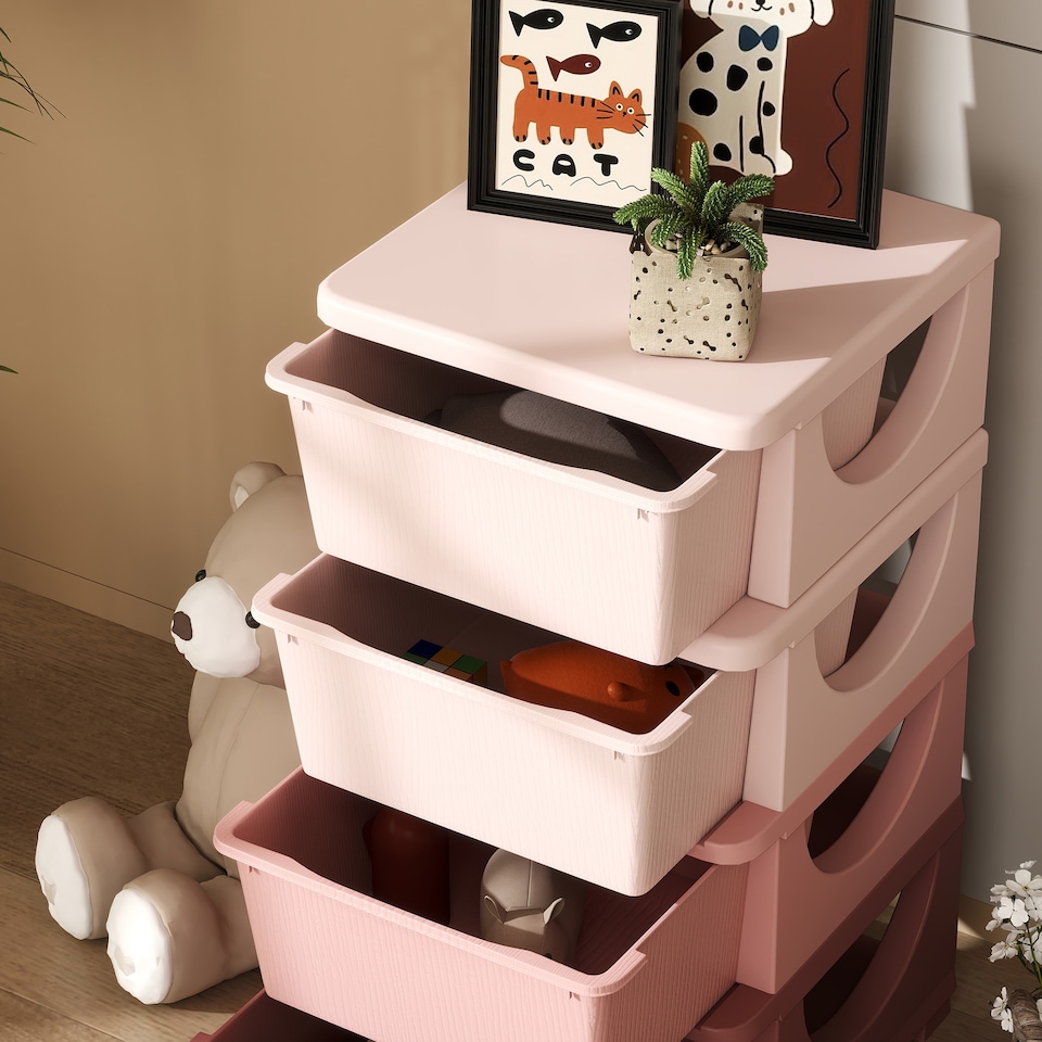 image 1 of HOMCOM 4 Drawers Plastic Storage Units, 4 Tier Kids Storage Units, Children Toy Chest for Nursery, Playroom, Bedroom, Pink | Pink
