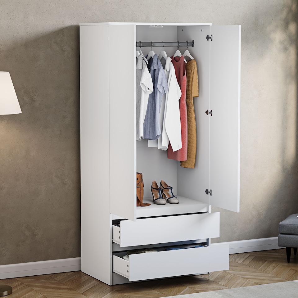 image 1 of Vida Designs Denver 2 Door 2 Drawer Wardrobe With Shelf & Clothes Rail, White