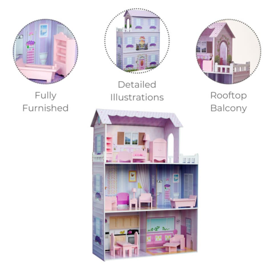 image 1 of Teamson Kids Wooden Dreamland 3 Storey Doll House for 12" Dolls, Dollhouse
