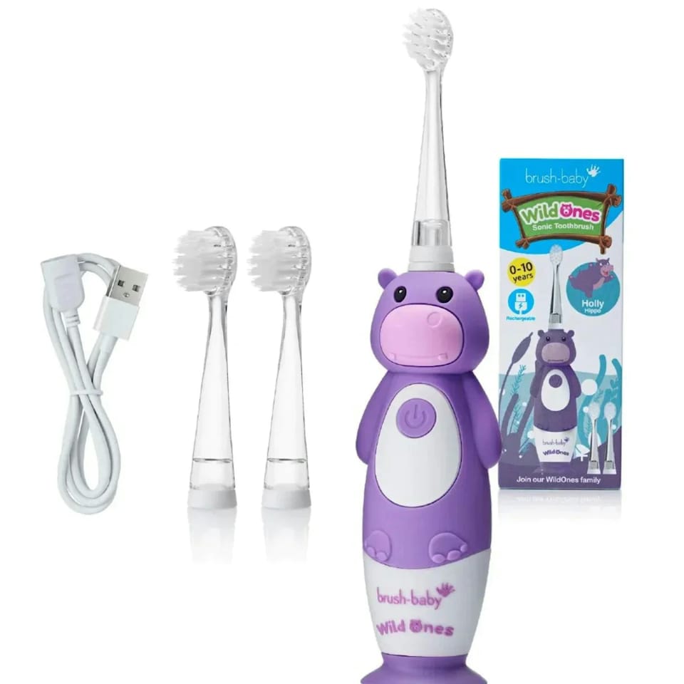 image 1 of Brush Baby WildOnes™ Hippo Kids Electric Rechargeable Toothbrush & Applemint Toothpaste