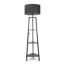 ValueLights Hiru Black 3 Tier Shelf Floor Lamp With Charcoal Shade | Grey