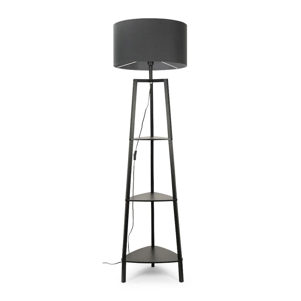 image 1 of ValueLights Hiru Black 3 Tier Shelf Floor Lamp With Charcoal Shade | Grey