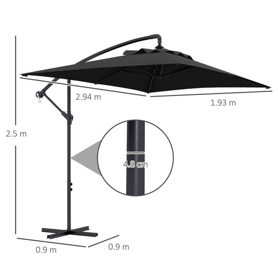 image 1 of Outsunny 3 m Cantilever Parasol with Cross Base, Crank Handle, 6 Ribs, Black