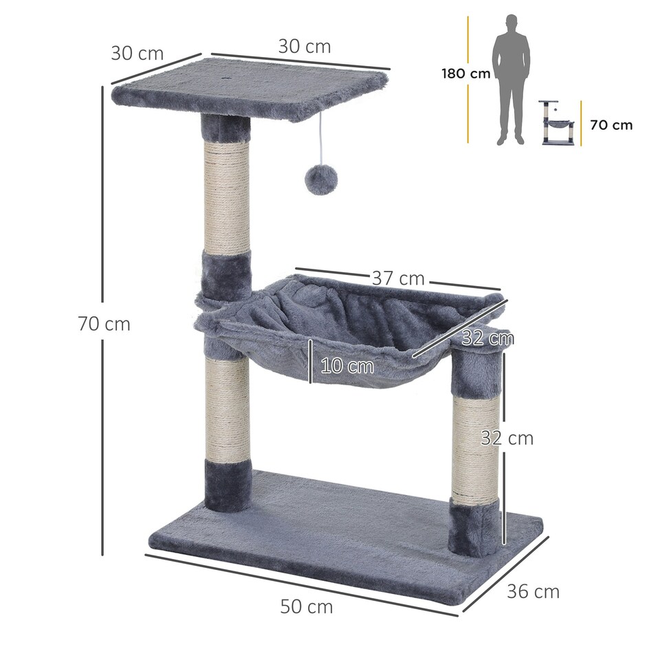 image 1 of PawHut Cat Tree Scratch Post with Bed Hammock Sisal for Indoor Cats Grey