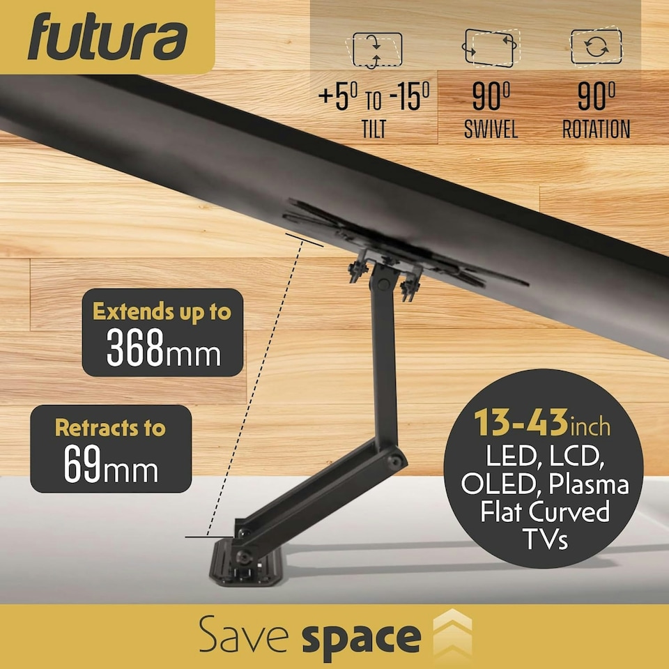 image 1 of Futura Universal TV Wall Mount Bracket for 13-43 Inch TVs, Tilt, Swivel & 90° Rotation